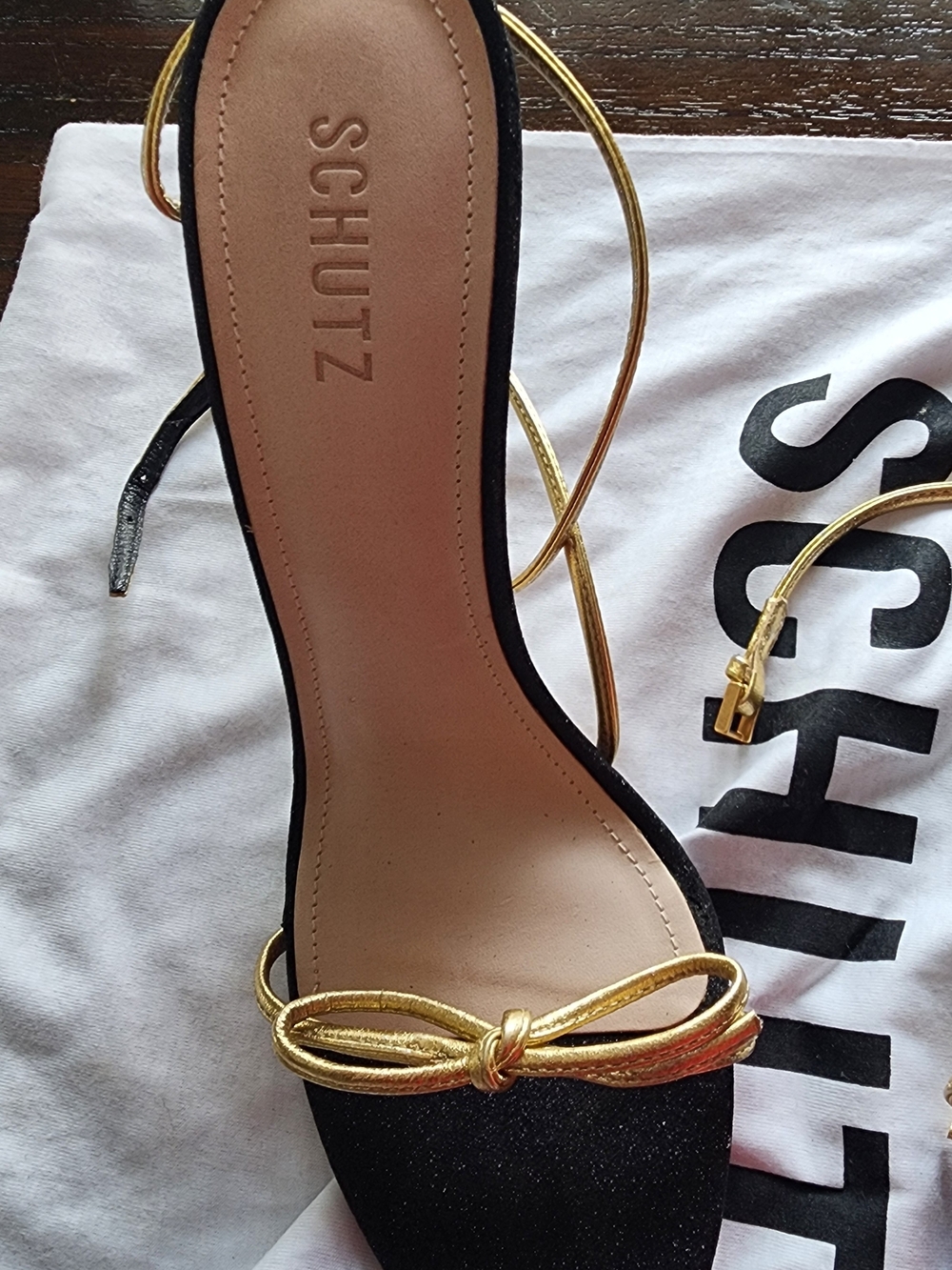 Schutz Black Heeled Sandals with Gold Bow and Ankle Tie - Picture 3 of 10